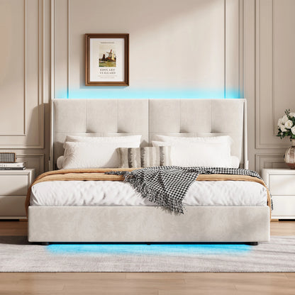 Led-bed – Gestoffeerd Bed – Tweepersoonsbed – Opbergbed – Lattenbodem – 140x200 cm – Met LED-verlichting en Opbergruimte
