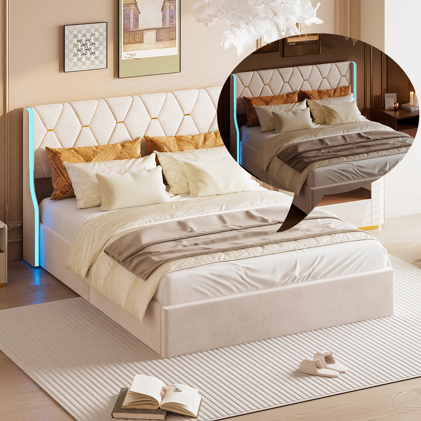 Opbergbed – Bedframe – Led Bed – Ladebed – Slaapbank – 140x200 cm – Inclusief Instelbare LED-Verlichting – 4 Ruime Opberglades