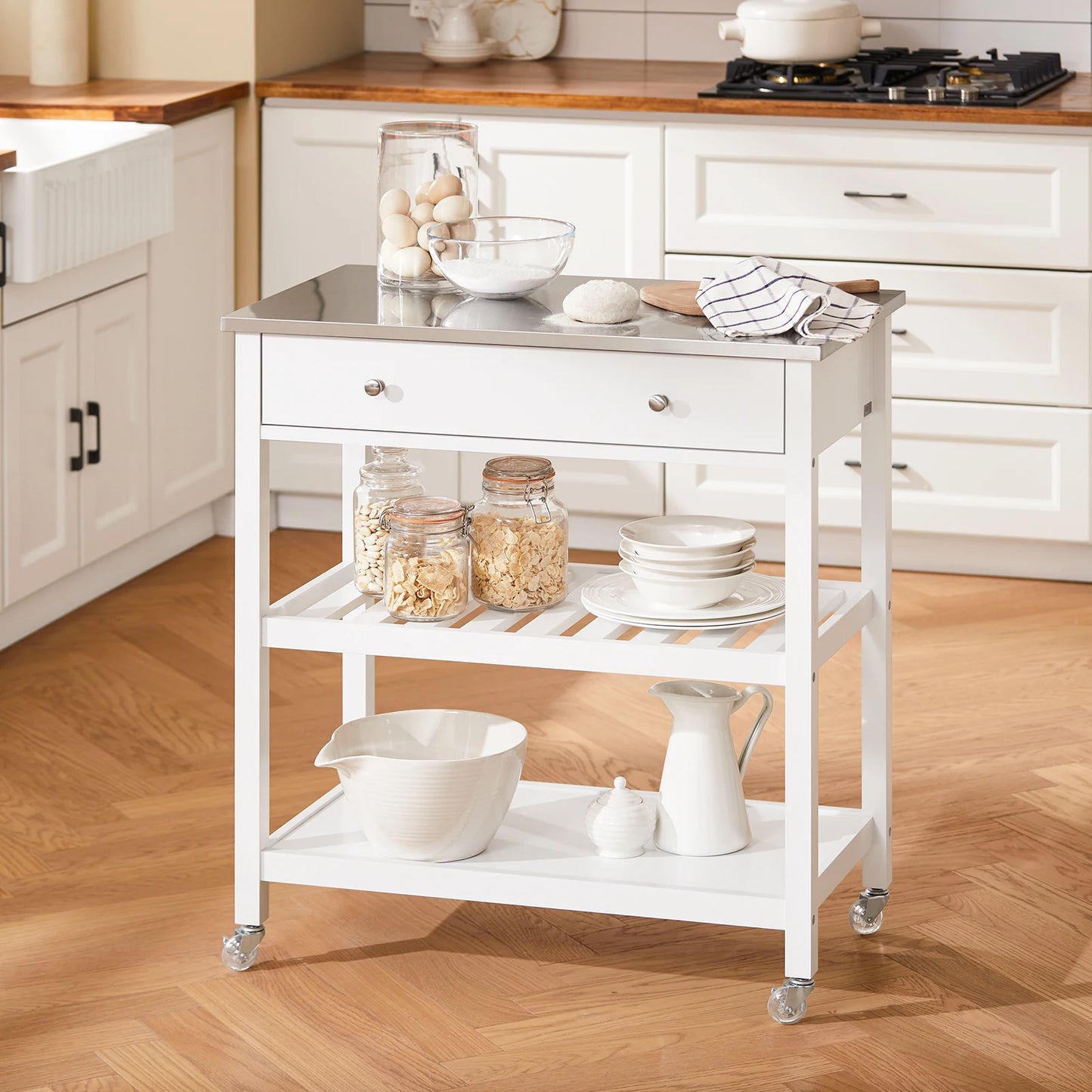 Servierwagen – Keukentrolley – Serveerwagen – Desserwagen – Witte Variant – RVS Werkblad – Zwenkwieltjes Met Remfunctie