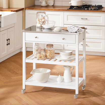 Servierwagen – Keukentrolley – Serveerwagen – Desserwagen – Witte Variant – RVS Werkblad – Zwenkwieltjes Met Remfunctie
