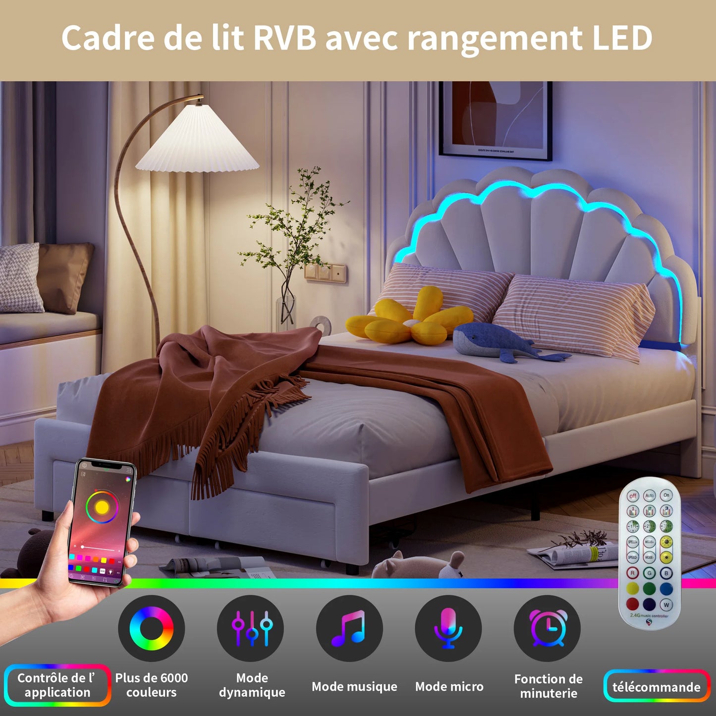 Tweepersoonsbed – Bed – Slaapbed – Opbergbed – Gestoffeerd Bed – 140x200 cm – Velvet Bekleding – Dimbare LED Sfeerverlichting met Opberglades