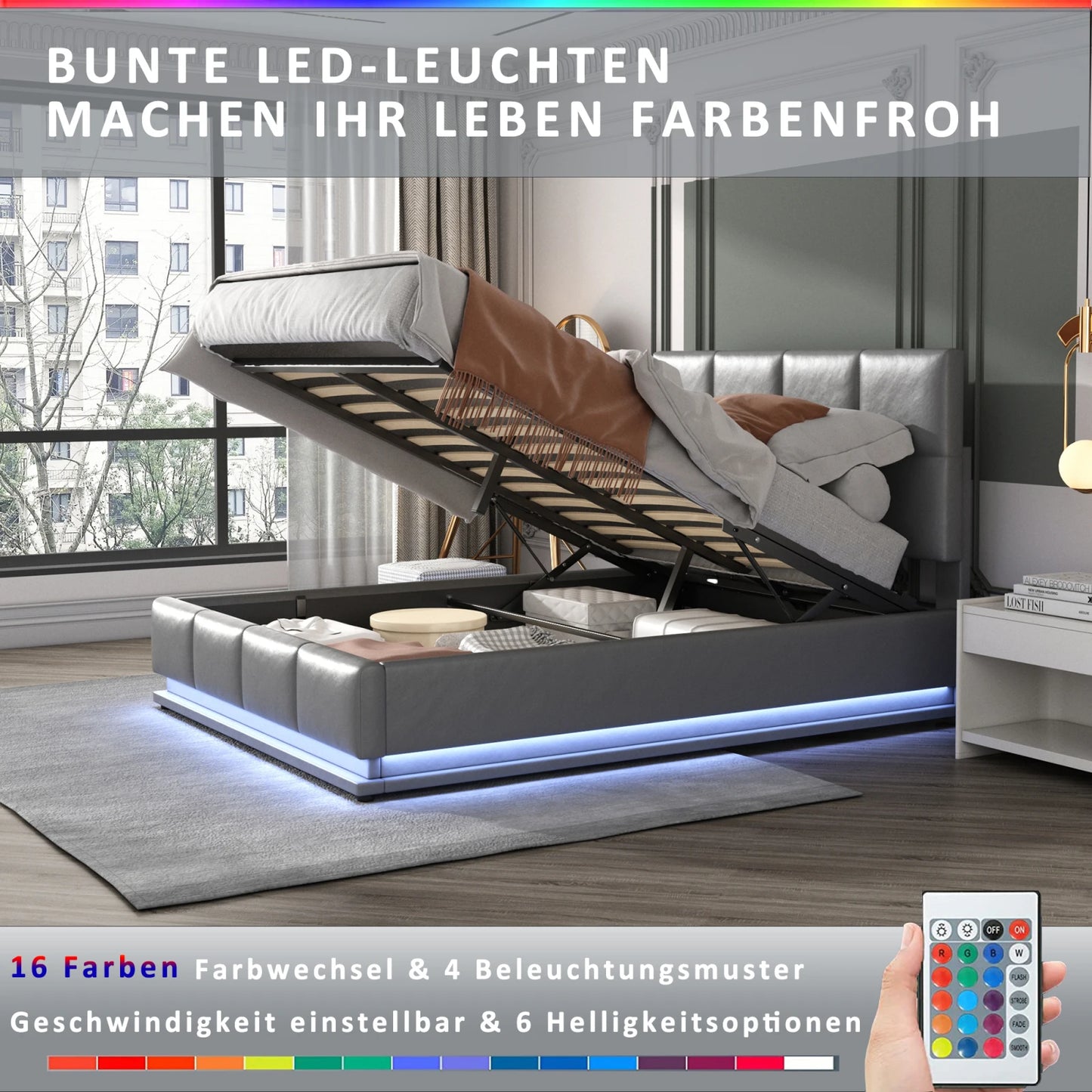 Gestoffeerd Tweepersoonsbed – Bedframe – Opbergbed – Onderbed – Slaapkamerbed – Grijs – 140x200 cm – Met Hydraulische Lift – PU Leder Hoofdbord