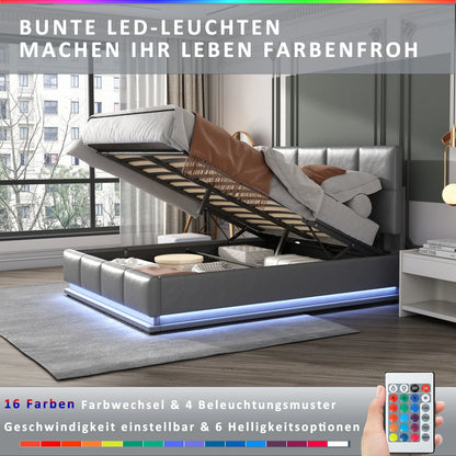 Gestoffeerd Tweepersoonsbed – Bedframe – Opbergbed – Onderbed – Slaapkamerbed – Grijs – 140x200 cm – Met Hydraulische Lift – PU Leder Hoofdbord