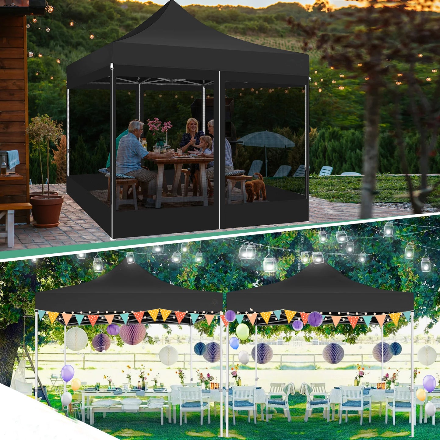 Opvouwbaar Tuinhuisje – Pop-Up Tent – Overkapping – Insectenbescherming – Waterdicht Oxford – Drie Verstelbare Hoogtes - Zwart - QUORE