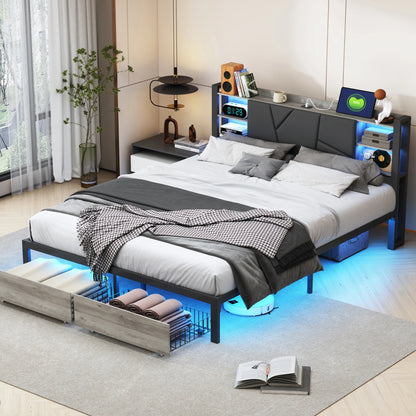 Metalen Tweepersoonsbed – Bedframe – Bed met Opberglades – LED Bed – Gestoffeerd Bed – 160x200 cm – Ingebouwd USB Oplaadstation – RGB LED Verlichting