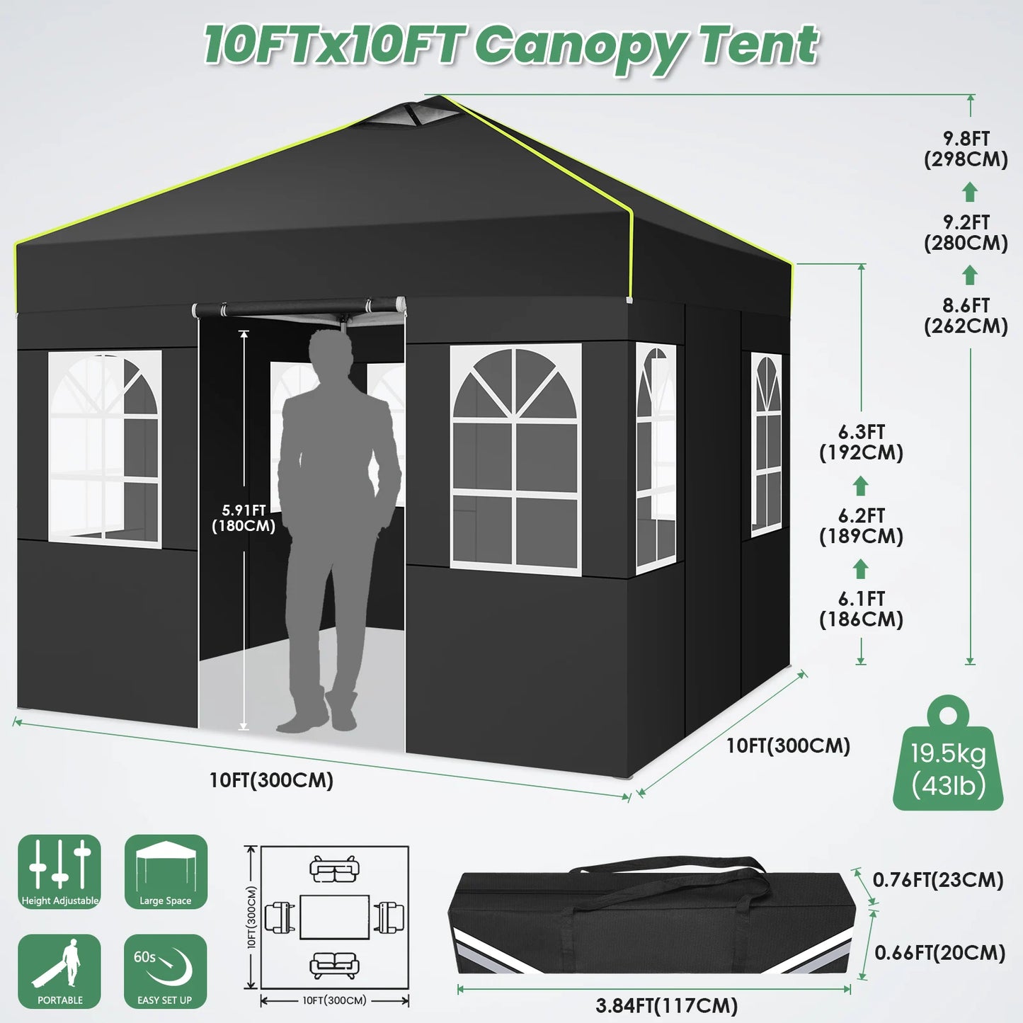 Pop-Up Tent – Vouwtent – Evenemententent – Marktkraamtent – Waterdicht Oxford Doek – UPF 50+ Bescherming – Verstelbare Hoogte - 3 x 3 m - Zwart