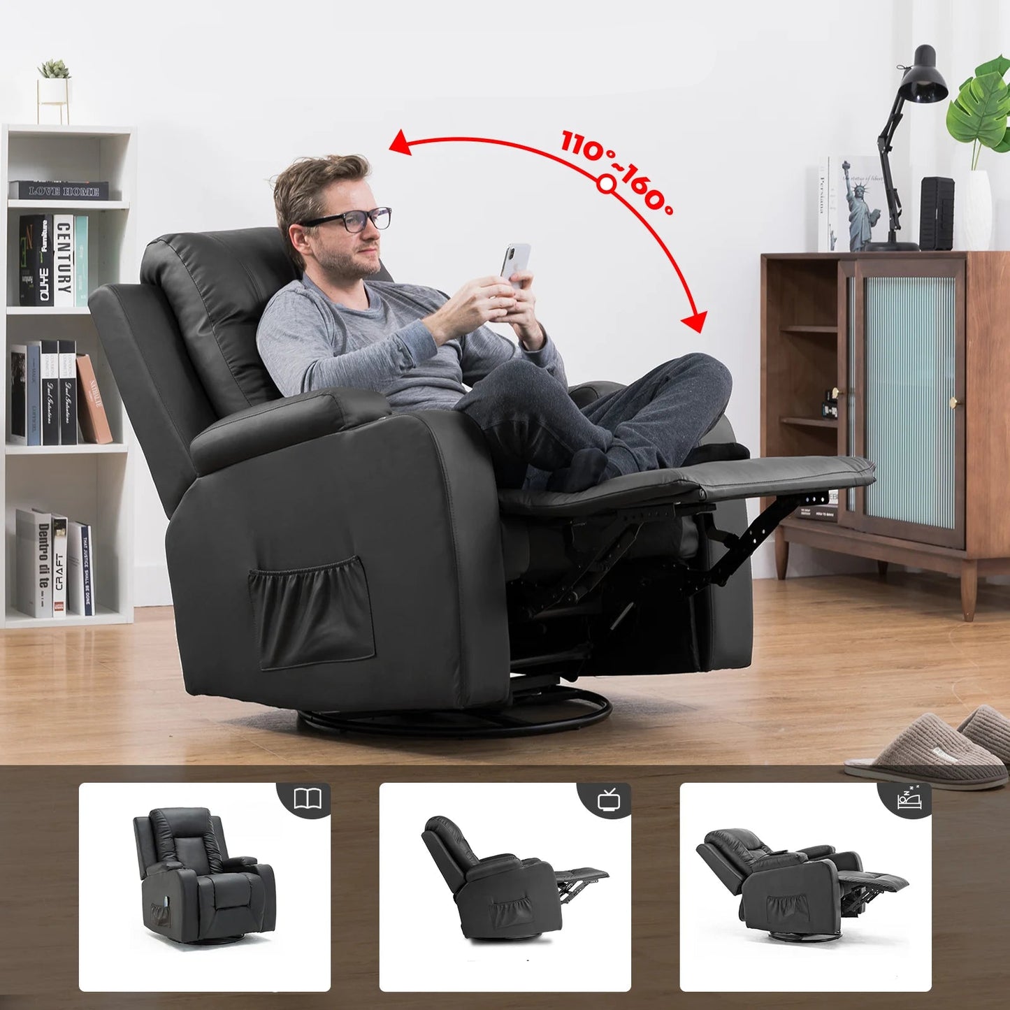 Relaxfauteuil met Ligfunctie - Fauteuil - Relaxstoel - Massagestoel - 360° Draaibaar – Relaxzetel - Dikke Rugleuning & Armleuningen – Bruin - QUORE