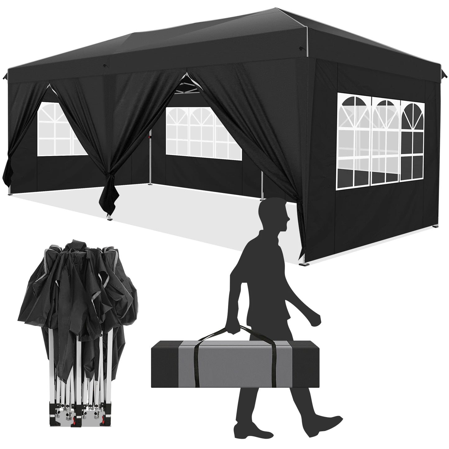 Vouwwagen – Pop-Up Tent – Opvouwbare Tent – Buiten Tent – Waterafstotend Oxford – 3x6 Meter – 6 Afneembare Zijwanden - Zwart