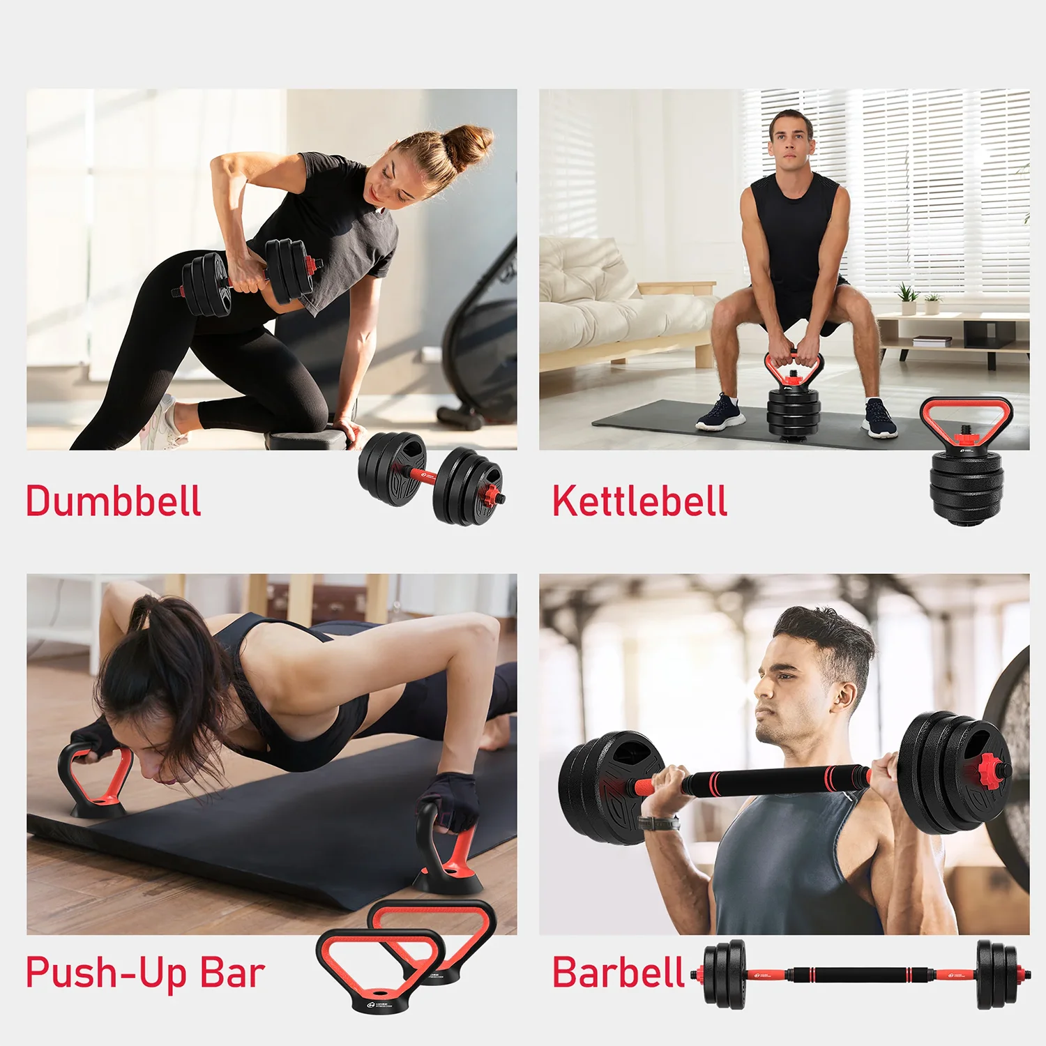 Dumbells - Halterset - 3-in-1 - Verstelbare – 20KG - Halterstang Met Gewichten – Voor Krachttraining - en Fitness - Duurzame Gewichtsplaten - Zwart-Rood - QUORE