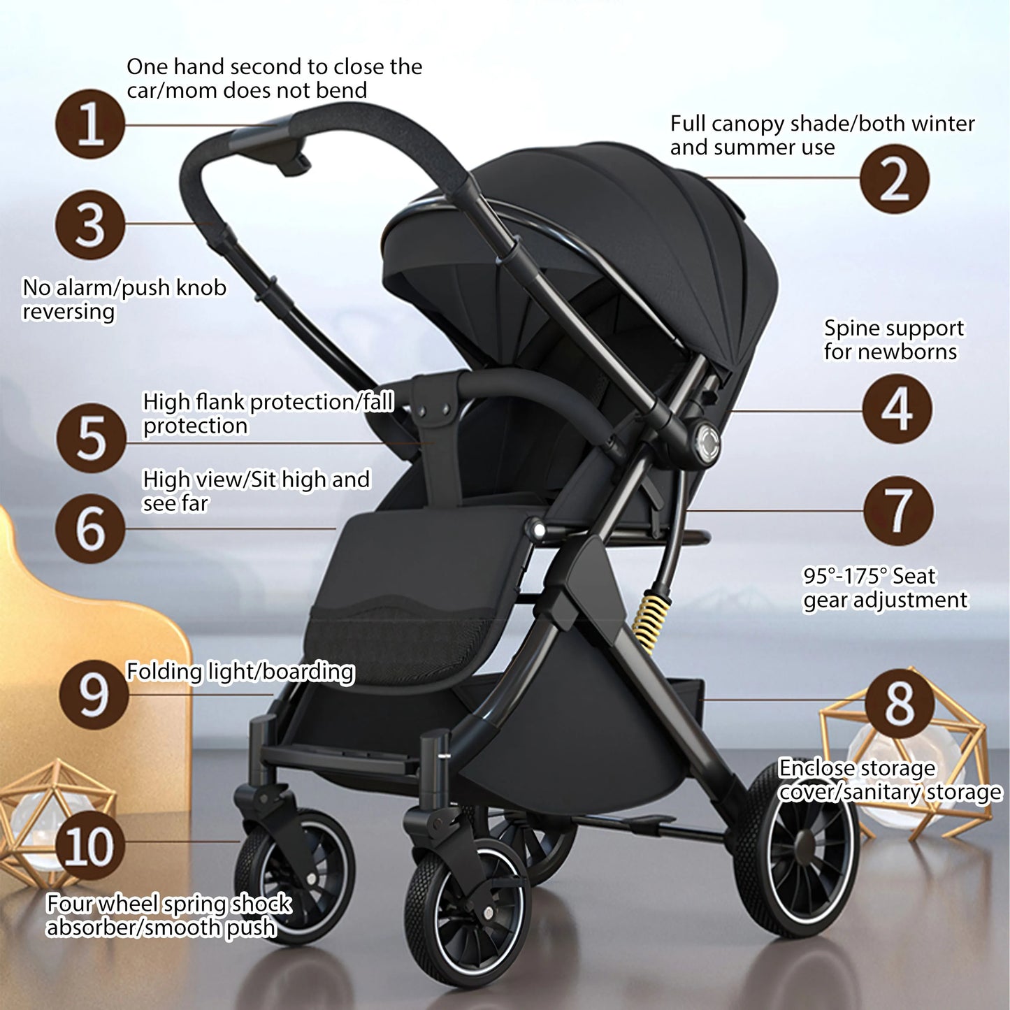 Kinderwagen - Babywagen - Wandelwagen - Opvouwbaar - Lichtgewicht Reisbuggy - Hoog Landscape Ontwerp - Schokabsorberende Kinderwagen - Zwart