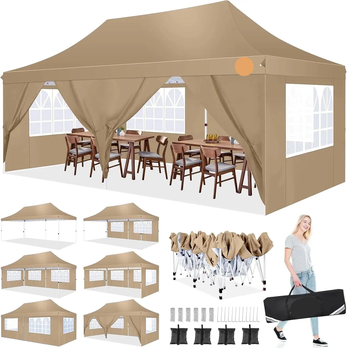 Partytent - Pop-Up Partytenten - Easy up Tent - Vouwtent - Party Tent Opvouwbaar - 3x6m - 6 Zijwanden - UV50+ Tuinpaviljoen - Waterdichte - voor Feest - Markt - BBQ of Camping - Khaki