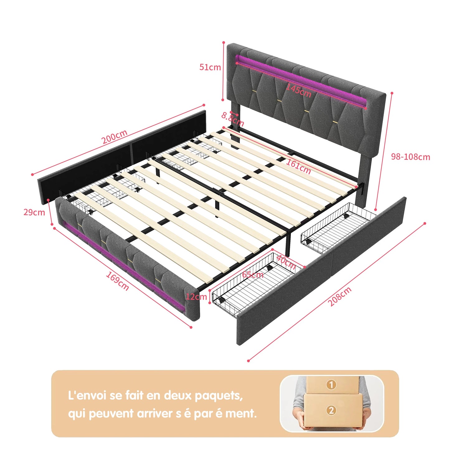 Bedframe – Gestoffeerd Bed – Tweepersoonsbed – Linnen Bed – Opbergladen Bed – 140x200 cm – Verstelbaar Hoofdbord – Stevig Metaal-Hout Frame
