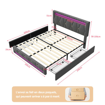 Bedframe – Gestoffeerd Bed – Tweepersoonsbed – Linnen Bed – Opbergladen Bed – 140x200 cm – Verstelbaar Hoofdbord – Stevig Metaal-Hout Frame