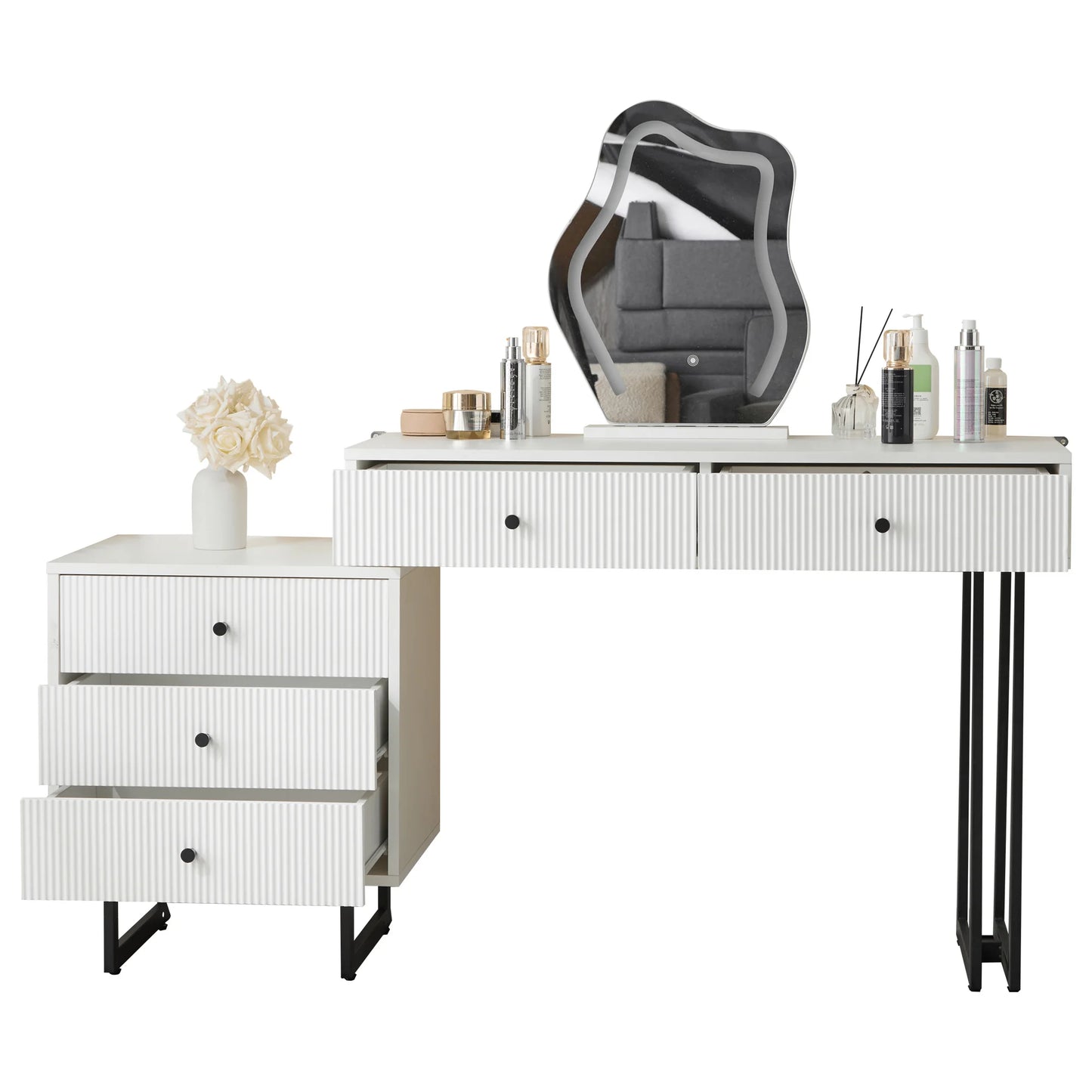 Kaptafel – Make-Up Tafel – Make-Upkast – Schoonheidstafel – Meubel – 3-Kleuren LED-Verlichting – Vijf Lades
