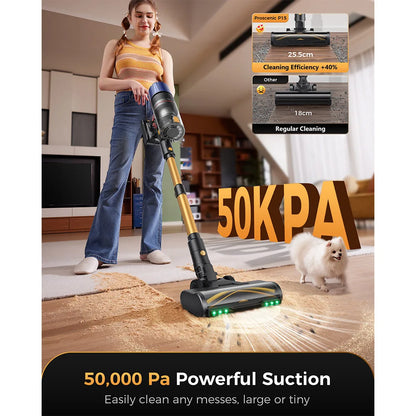 Proscenic P15 Cordless Stick Vacuum Cleaner, 70min Runtime, 50kPa 580W Powerful Suction, Anti-Tangle Brush, Green Light, 6 Layer - QUORE