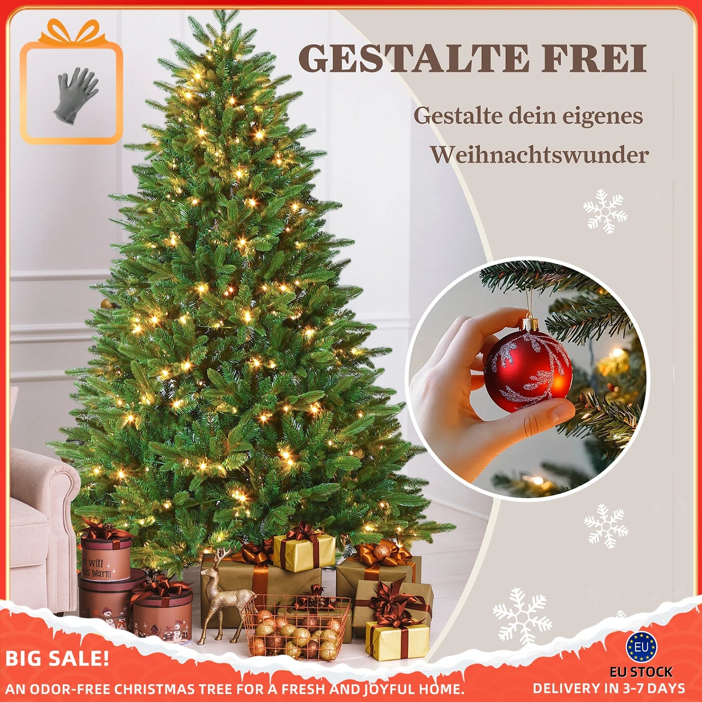 Witte Kunstkerstboom – Kunstkerstboom – Nepkerstboom – Kerstboom LED – Sneeuweffect Boom – 210 cm Hoogte – 350 Warm Witte LED’s – 1348 Takken – Duurzame PE+PVC Naalden – Inklapbaar Metalen Standaard