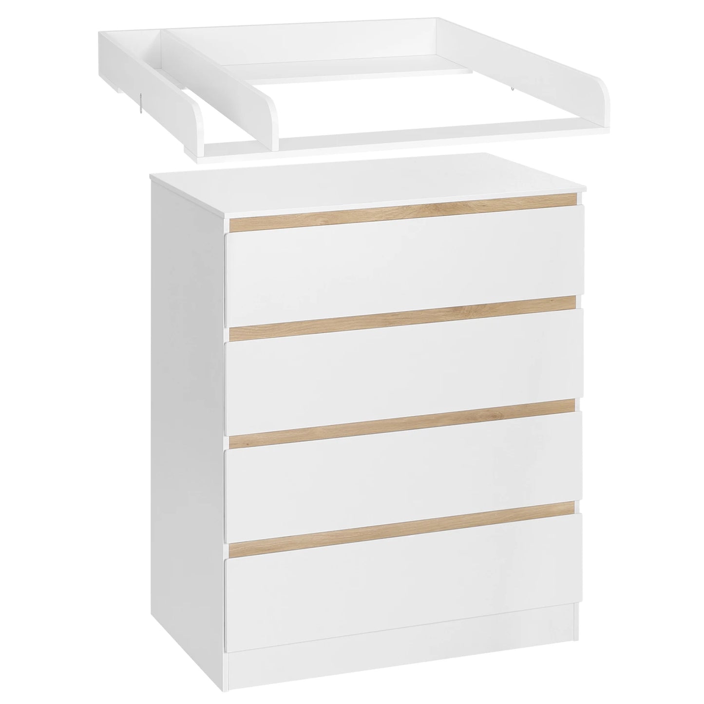 Ladekast - Commode - Opbergkast - met Verwijderbare Verschoontafel – 4 Grote Lades – 80x75x109,2 cm – Babykast voor Kinderkamer - Wit - QUORE