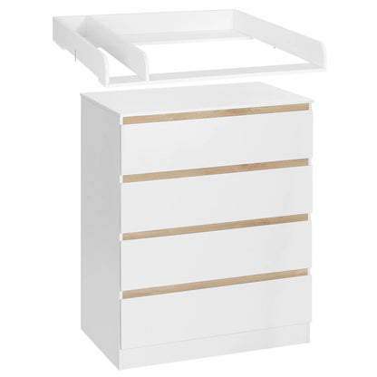 Ladekast - Commode - Opbergkast - met Verwijderbare Verschoontafel – 4 Grote Lades – 80x75x109,2 cm – Babykast voor Kinderkamer - Wit - QUORE