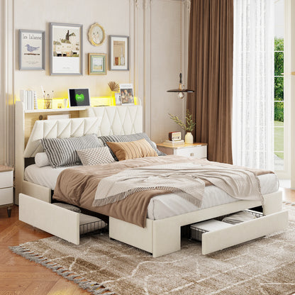Bedkastenbed – Opbergbed – Tweepersoonsbed – Gestoffeerd Bed – Bedframe – 160x200 cm – USB Opladen – 3 Lades Met Wieltjes