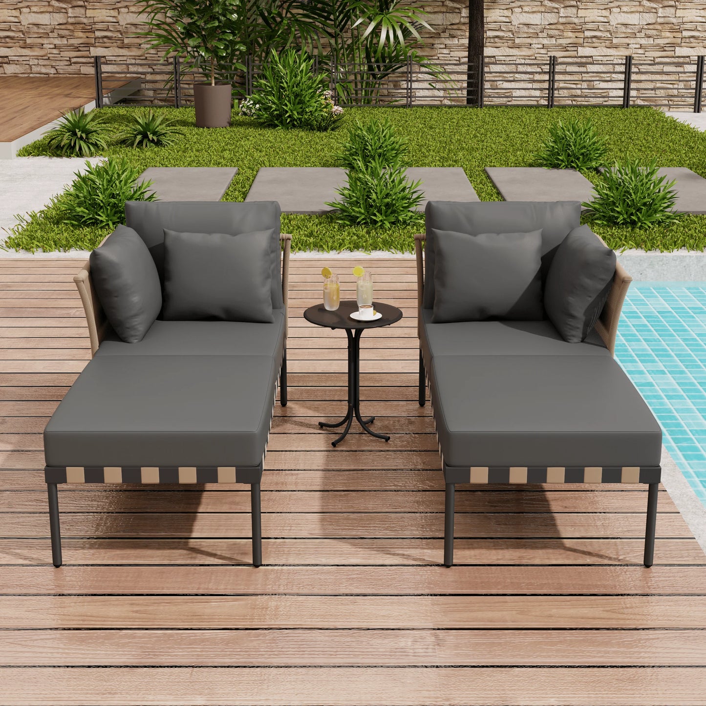 Loungeset Voor Buiten – Loungestoelen – Ligbank – Tuinmeubel – Buitenset – Gegalvaniseerd Ijzer – Zachte Kussens - Zwart + Grijs
