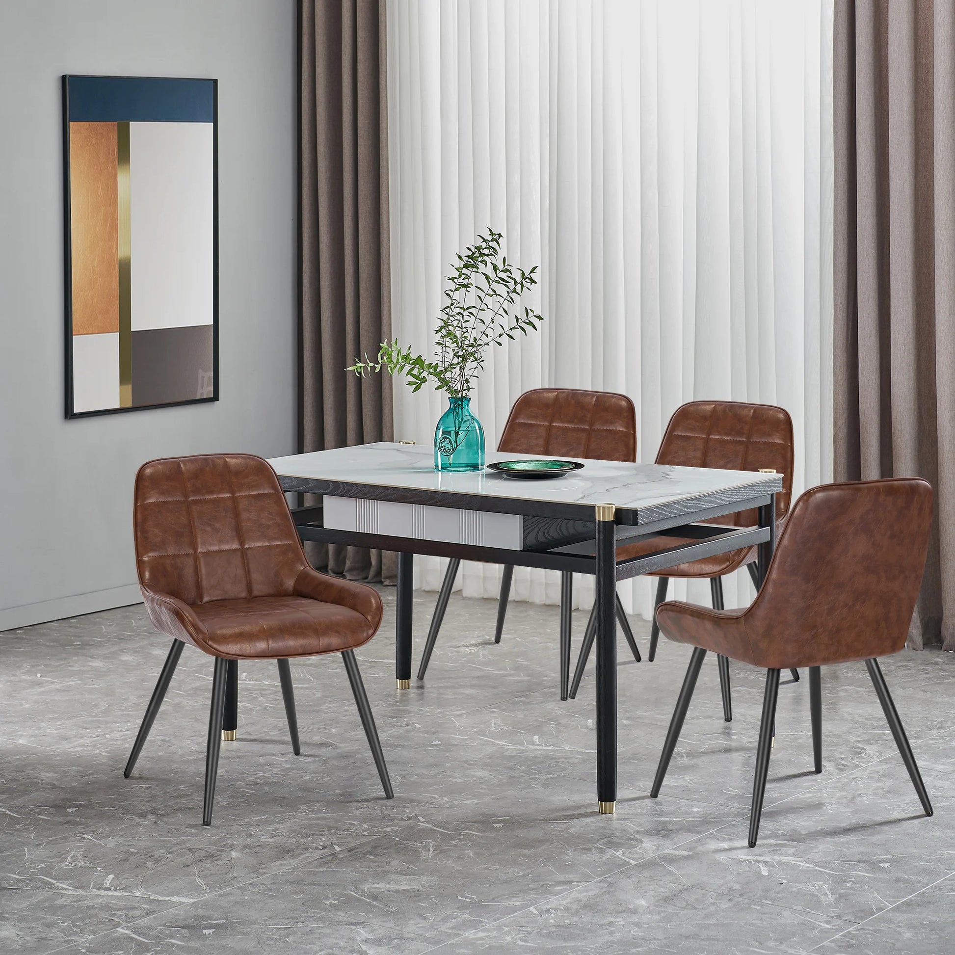 Eetkamerstoelen - Eetstoelen - Keukenstoelen - Set van 4 - Ergonomische Scandinavische Stijl - met Rugleuning - Voor Keuken - Eetgedeelte - Kunstleer Zitje - Metalen Poten - 52 x 51 x 81.5 cm - Bruin - QUORE