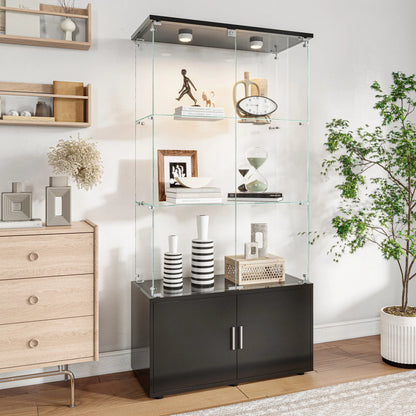 Glazen Vitrinekast – Displaykast – Collectiekast – Opbergkast – Showkast – Met 4 Deuren – 3 Glazen Legplanken – LED Verlichting – Gehard Glas & Metaal – Zwarte Kleur