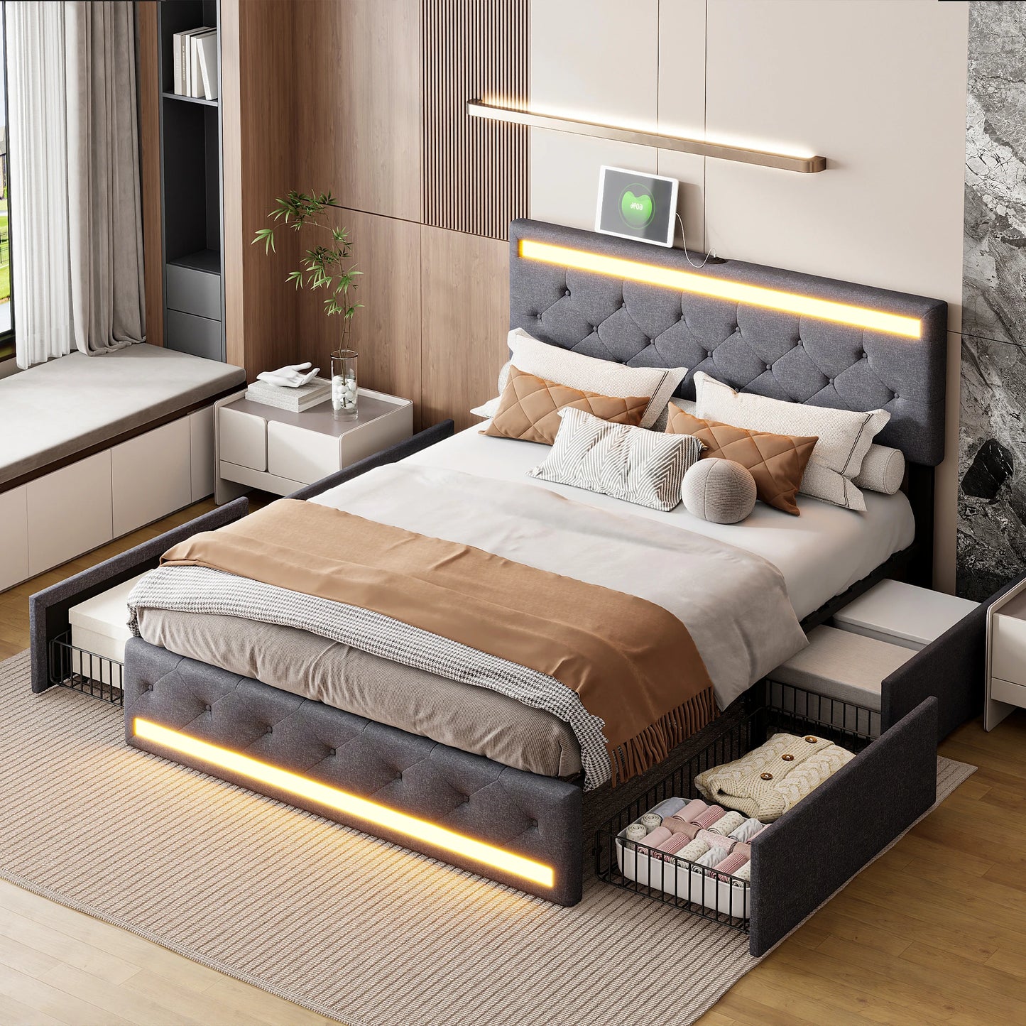 Gestoffeerd Tweepersoonsbed – Opbergbed – Ladebed – Bedframe – Slaapbed – Donkergrijs 180x200 cm – 4 Ruime Lades – Ingebouwde USB-poorten & LED-verlichting