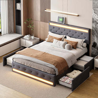 Gestoffeerd Tweepersoonsbed – Opbergbed – Ladebed – Bedframe – Slaapbed – Donkergrijs 180x200 cm – 4 Ruime Lades – Ingebouwde USB-poorten & LED-verlichting