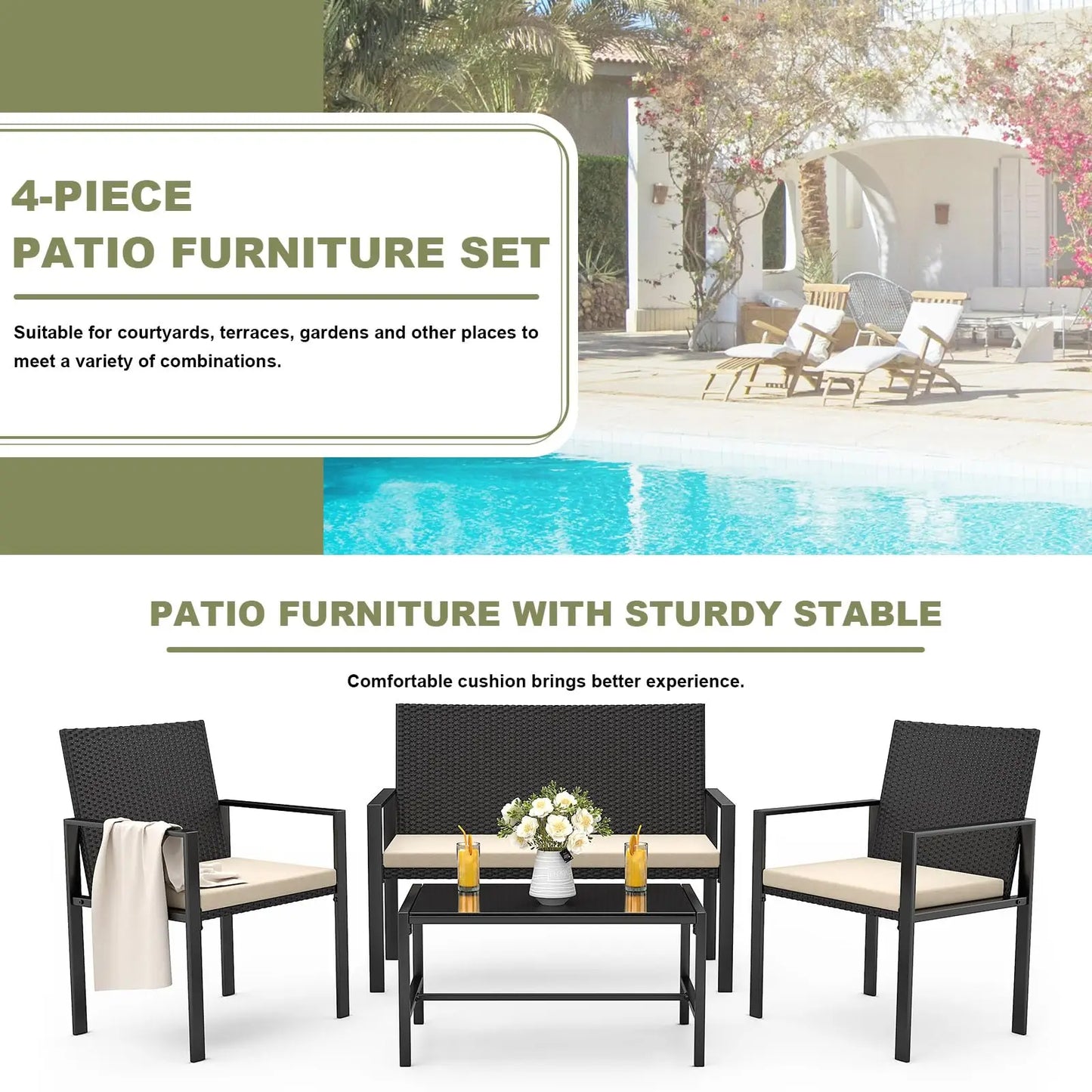 Loungeset – Tuinset – Balkonset – Loungeset Met Kussens – PE Rattan – Weerbestendig – Compact