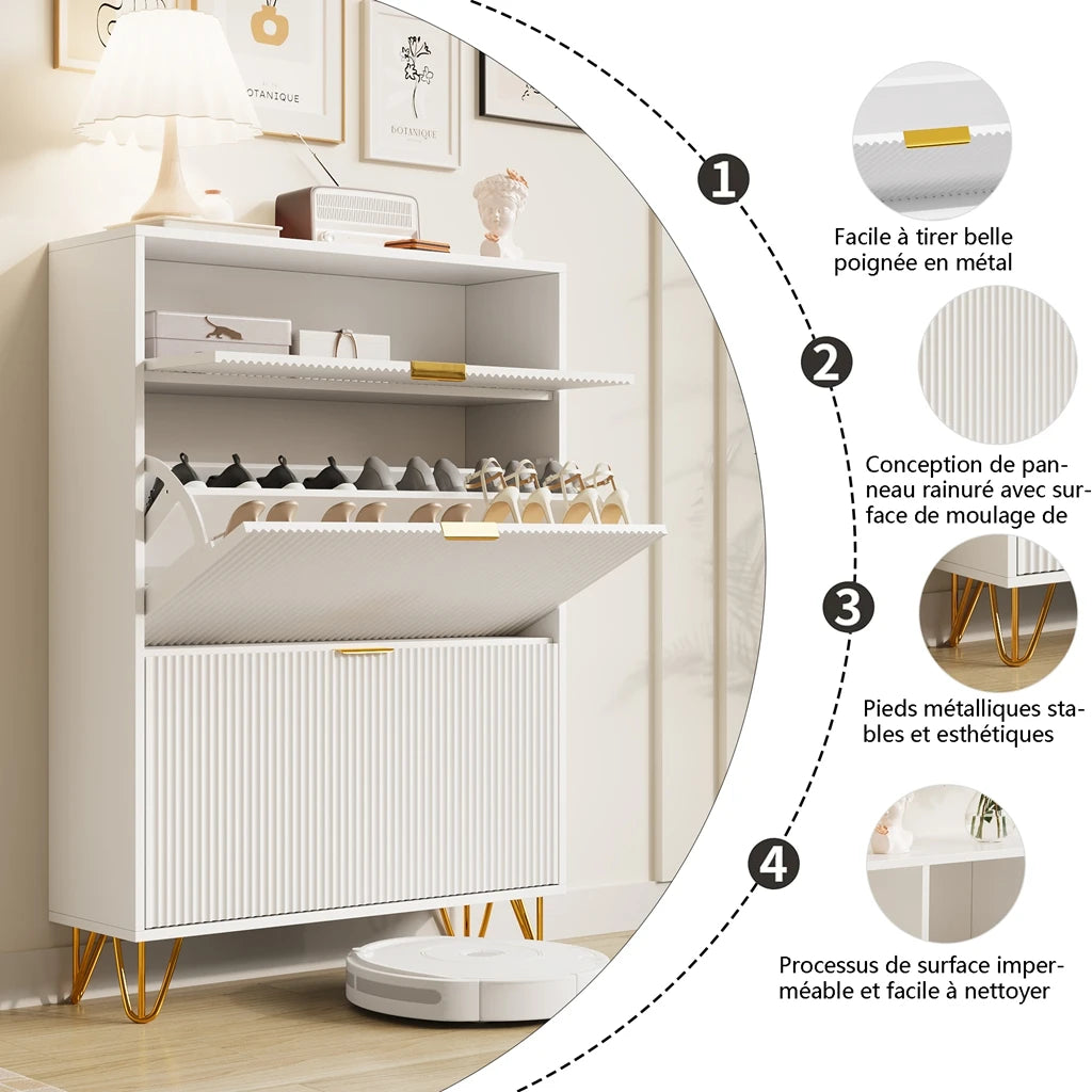 Shoes Furniture 80x24x118,5 cm, shoes shoe cabinet with Faction Drawers, anti-Tover, Metal Feeds, White