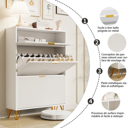 Shoes Furniture 80x24x118,5 cm, shoes shoe cabinet with Faction Drawers, anti-Tover, Metal Feeds, White
