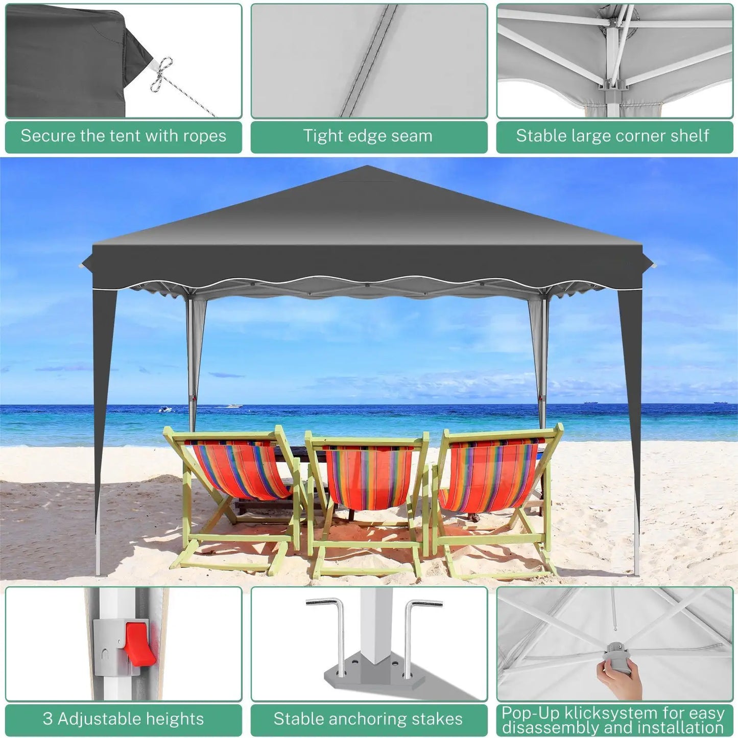 Paviljoen - Tuinpaviljoen - Partytent - Tuintent - Pop-up Kliksysteem - Stabiel - Vouwtent - Verwijderbaar Zijpanelen - Opvouwbaar - Waterdicht - Hoogte Verstelbaar - 50+UV-Bescherming - voor Tuin - Buiten - Achtertuin - 210D Oxford-stof - 3 x 3 m - Zwart