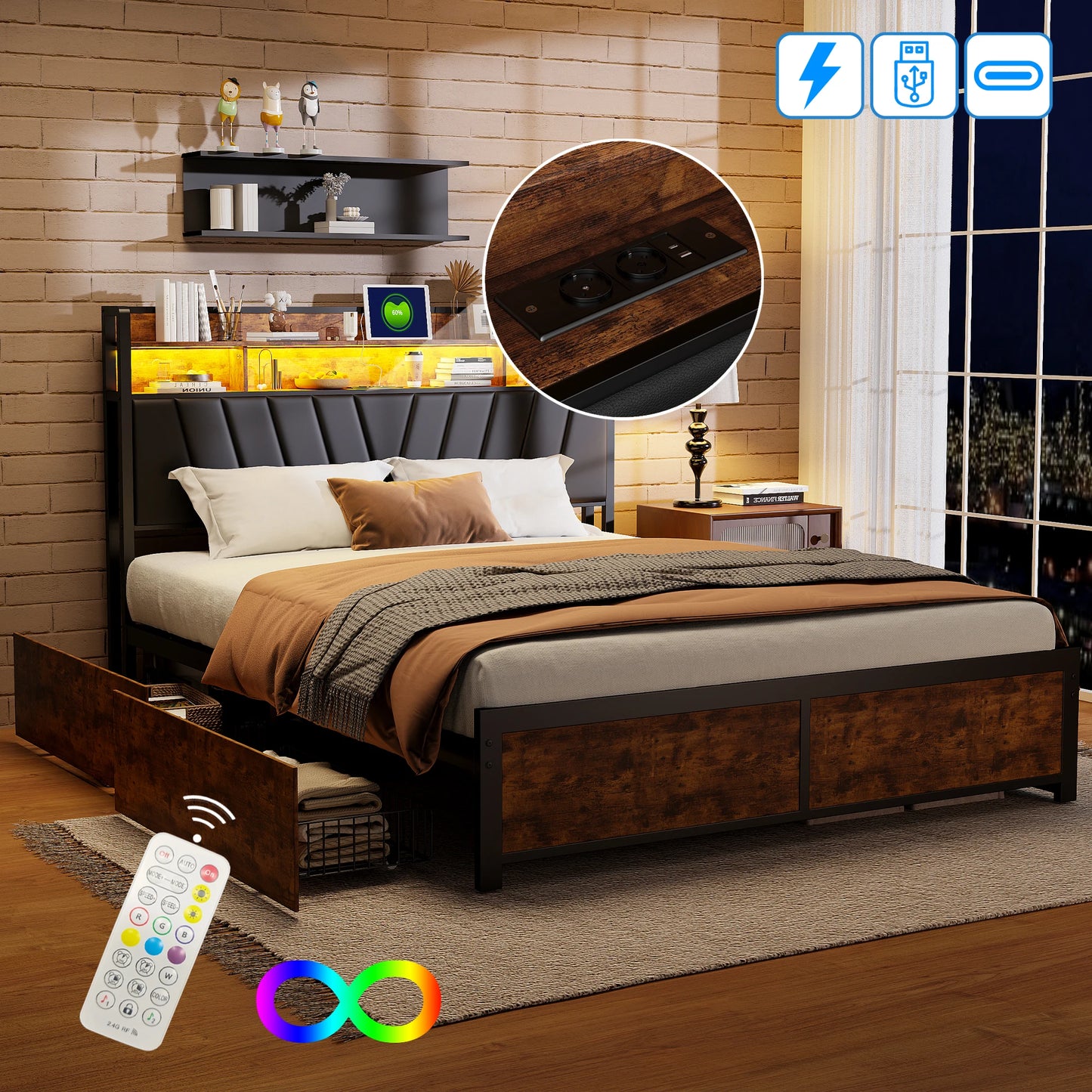 Tweepersoonsbed – Bed – Gestoffeerd Bed – Opbergbed – Bedframe – 160x200 cm – Staal en Hout – 4 Opberglades