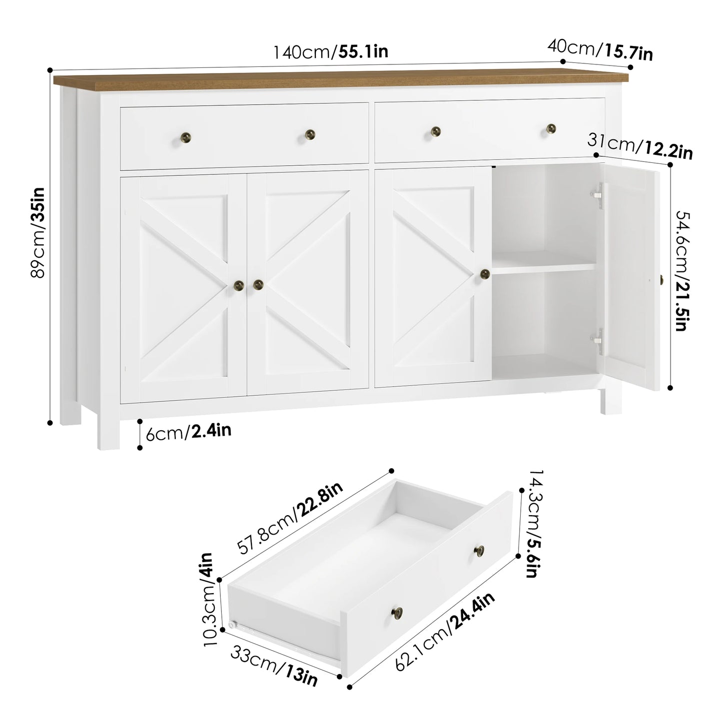 Dressoir – Sideboard – Opbergkast – Kast – Buffetkast – Zwart – 140 cm Breed – Wit Gelakt Frame Met Eikenhouten Blad
