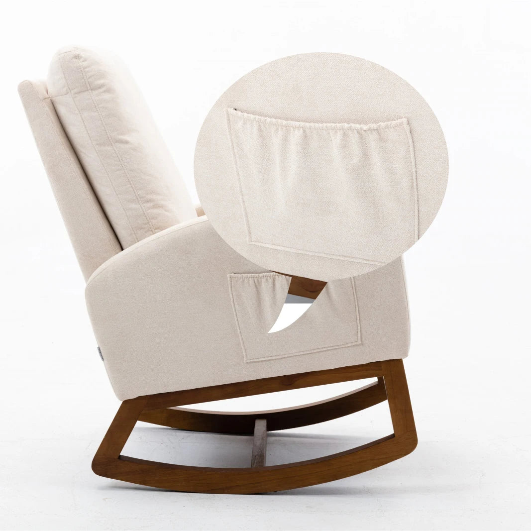 Schommelstoel – Schommelstoel Met Kussen – Relaxstoel – Houten Stoel – Ergonomisch Ontwerp – Hoog Rugleuning – Linnen Kussen - 68.98 x 94 x 100.84 cm - Beige