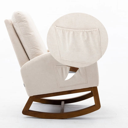 Schommelstoel – Schommelstoel Met Kussen – Relaxstoel – Houten Stoel – Ergonomisch Ontwerp – Hoog Rugleuning – Linnen Kussen - 68.98 x 94 x 100.84 cm - Beige