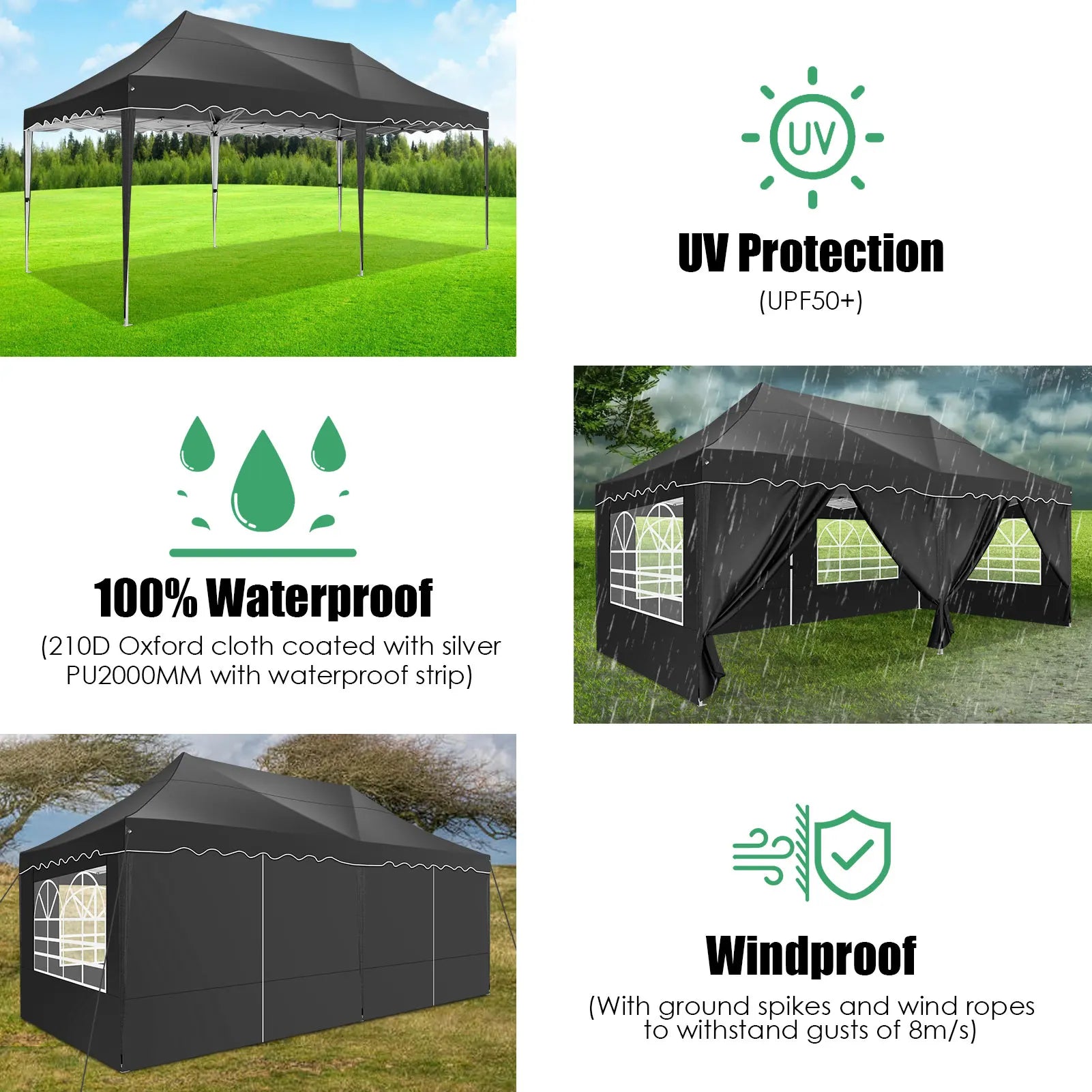Tuinpaviljoen – Tuentent – Feesttent – Markttent – Overkapping – Waterdicht Oxford Stof – UPF 50+ Bescherming - 3 x 6 Meter - Zwart - QUORE