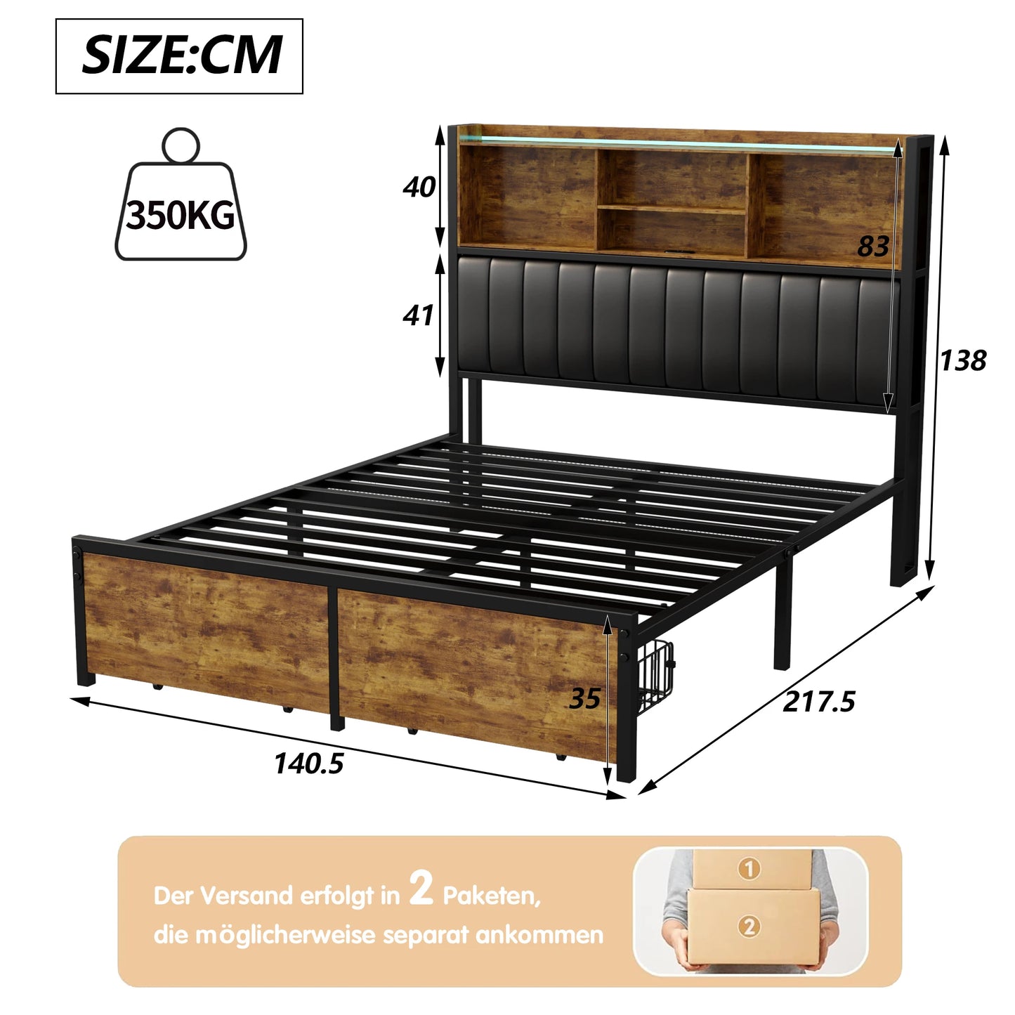 Tweepersoonsbed – Bedframe – Slaapbank – Opbergbed – Ledbed – Zwart met PU Hoofdeinde – 140x200 cm – Met Ledverlichting en Opberglades