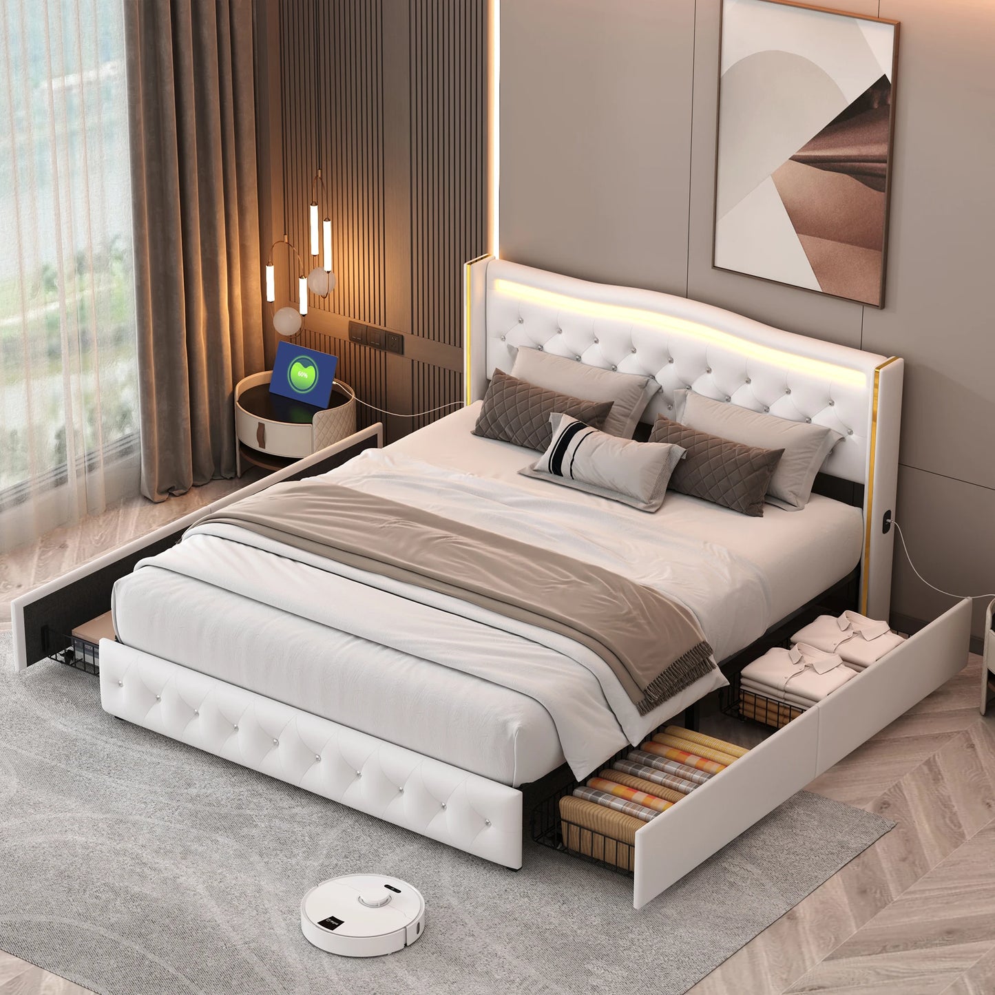 Tweepersoonsbed – Bed – Ledikant – Slaapbank – Opbergbed – 140x200 cm – Kunstleer Wit – LED-verlicht Hoofdbord – Vier Opberglades