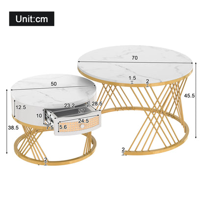 Salontafel Set – Bijzettafel – Ronde Tafel – Woonkamermeubel – MDF Marmerprint – Lade Opbergruimte – Metalen Gouden Pooten