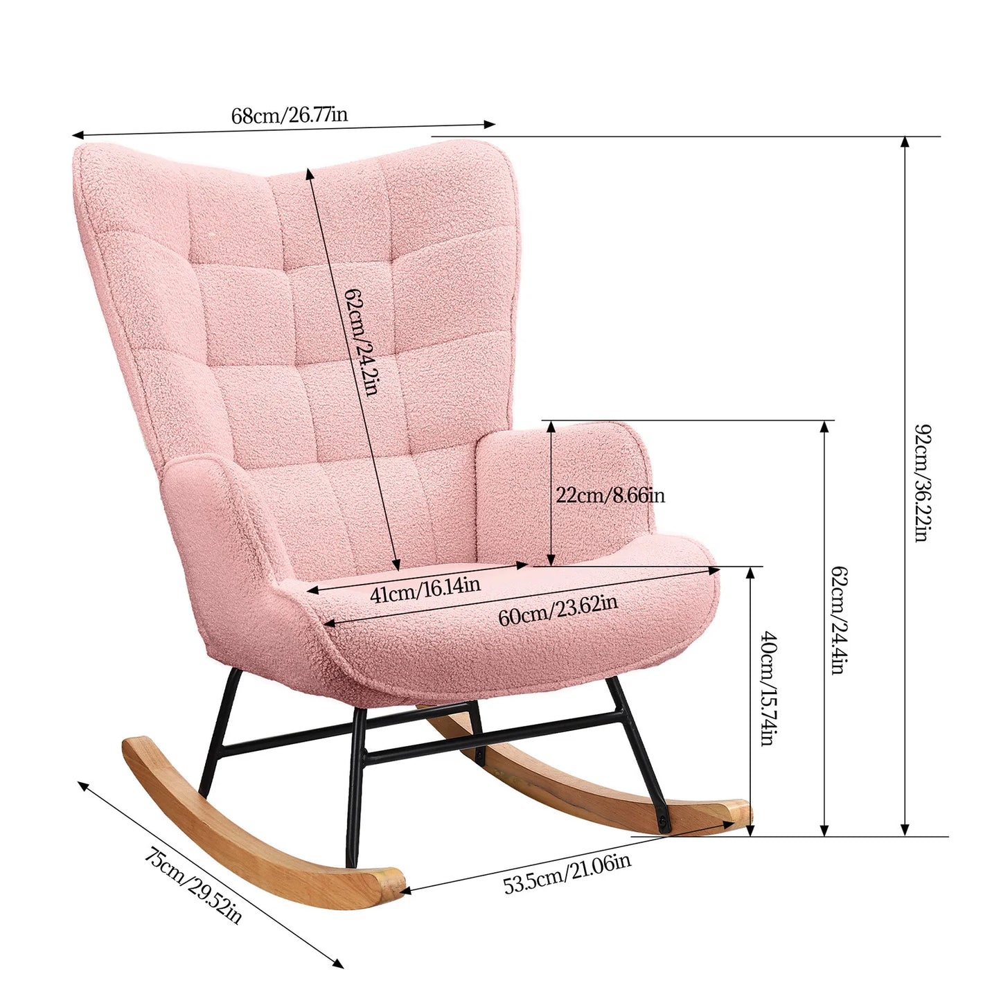 Schommelstoel – Schommelstoel Met Armleuningen – Schommelstoel Voor Woonkamer – Fauteuil – Schommelzetel – Roze Teddy Fleece – Massief Houten Frame Met Hoog Draagvermogen