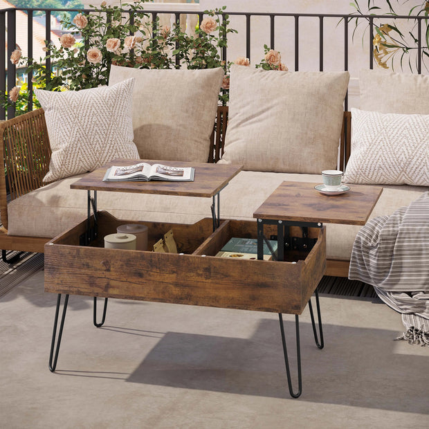 Adjustable Coffee Table with Double Lift Function – Rustic Brown – Hidden Storage – Metal V-Legs