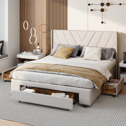 Tweepersoonsbed – Gestoffeerd Bed – Opbergbed – Ladebed – Linnen Bed – 160x200 cm – Met 3 Lades en Houten Lattenbodem