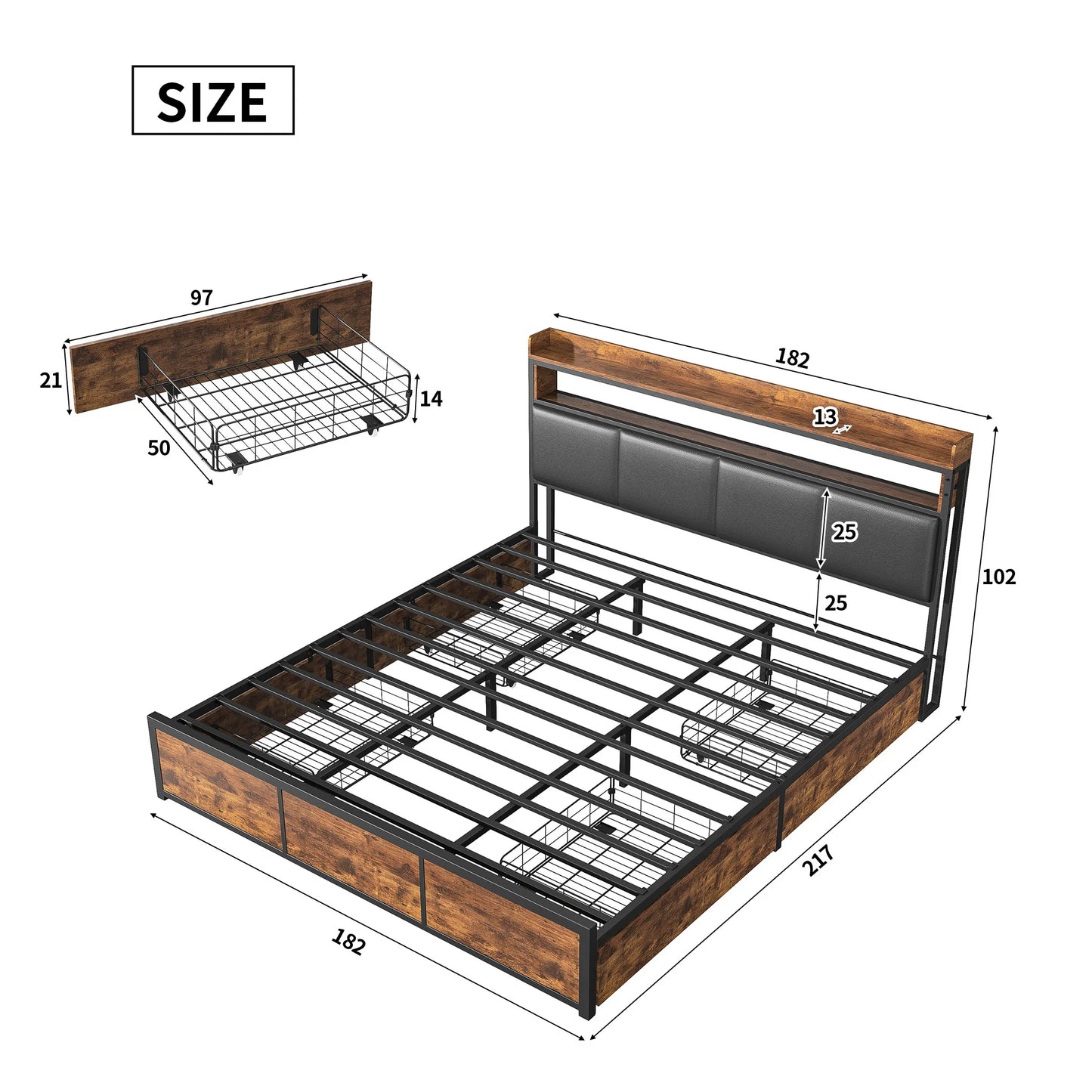 Comanlai Upholstered Bed,180 x 200 cm,Iron Frame, Double Bed with LED Lights and 4 Storage Drawers,Padded Bed with Slatted Frame
