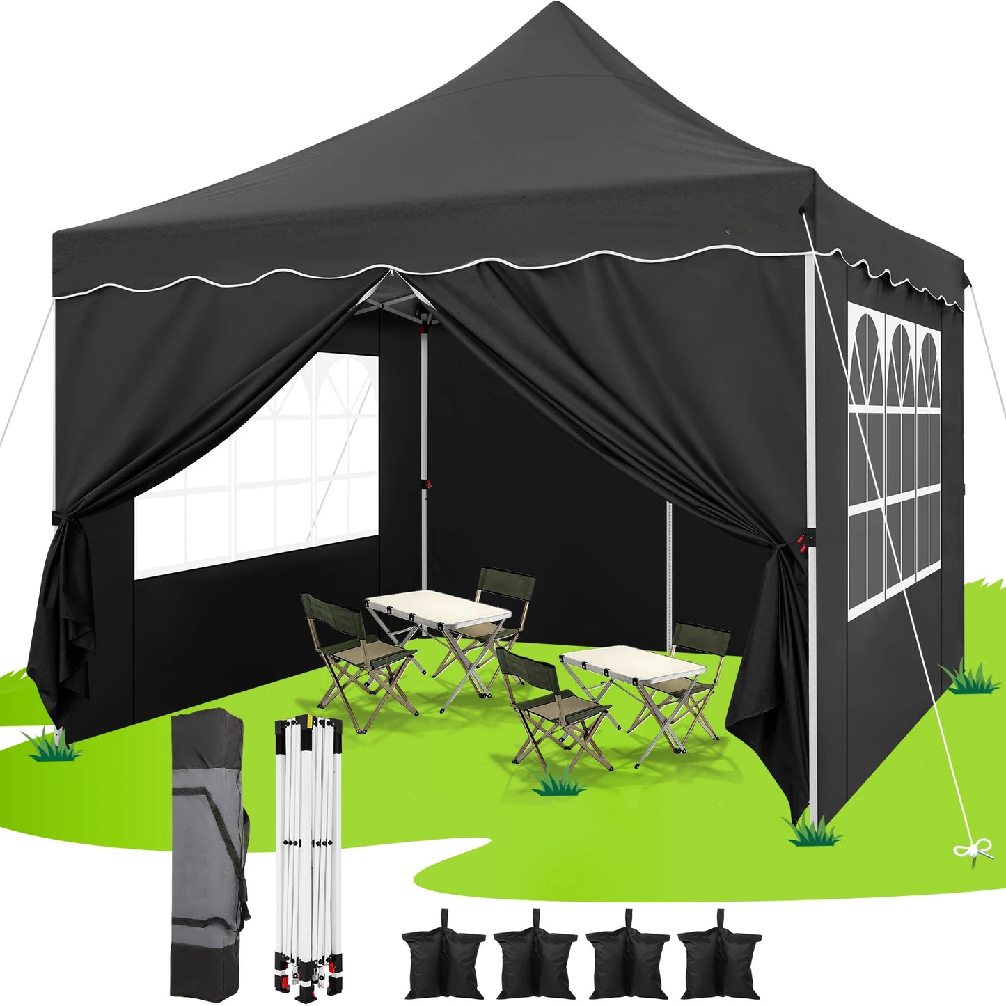 Partytent – Pop-Up Luifel – Tent – Zonnescherm – Schaduwdoek – UV-Bescherming – Waterbestendig – Verstelbaar Frame - 3 x3 Meter - Zwart