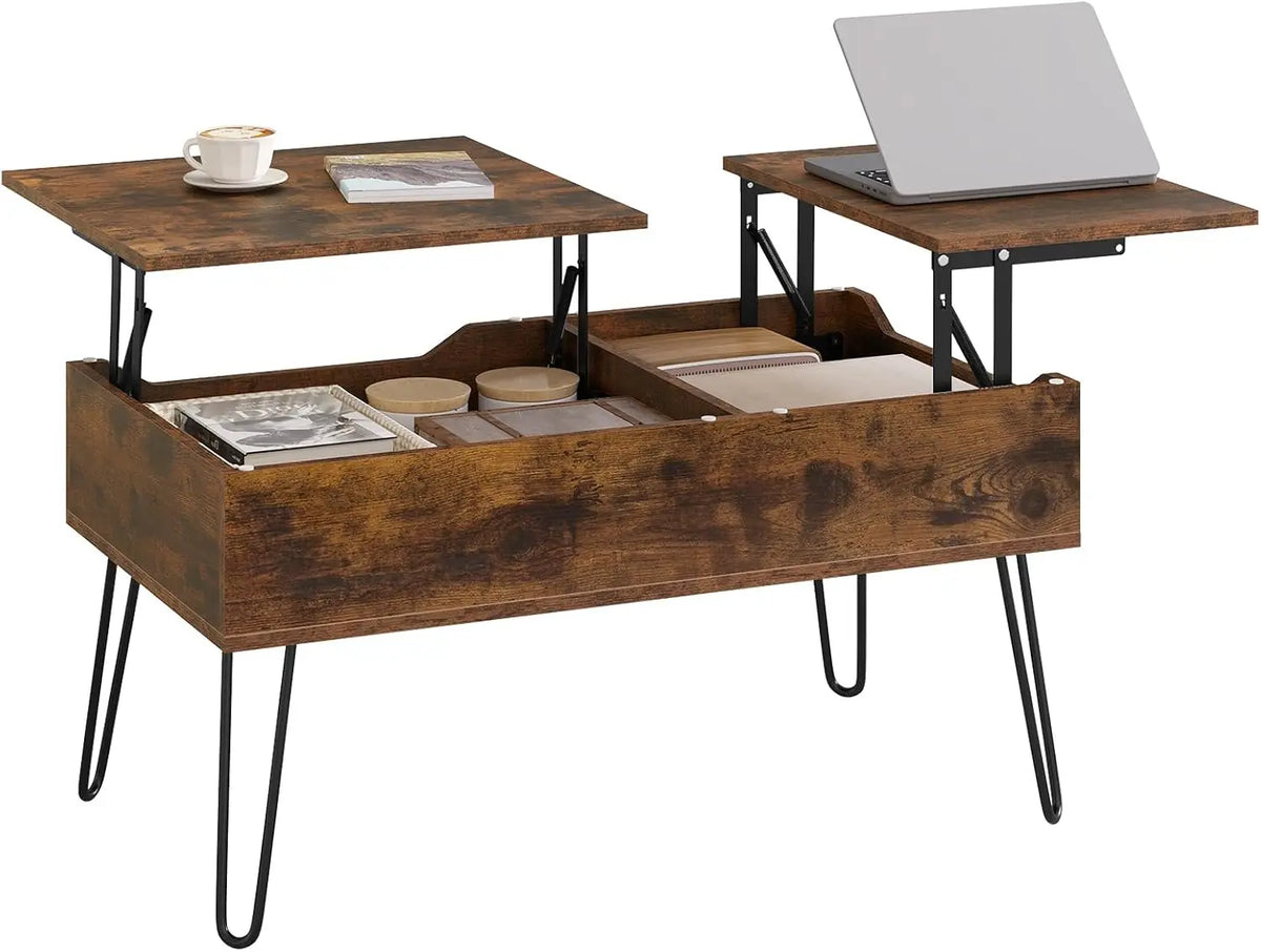 Verstelbare Salontafel met Dubbele Liftfunctie – Rustiek Bruin – Verborgen Opbergruimte – Metalen V-poten