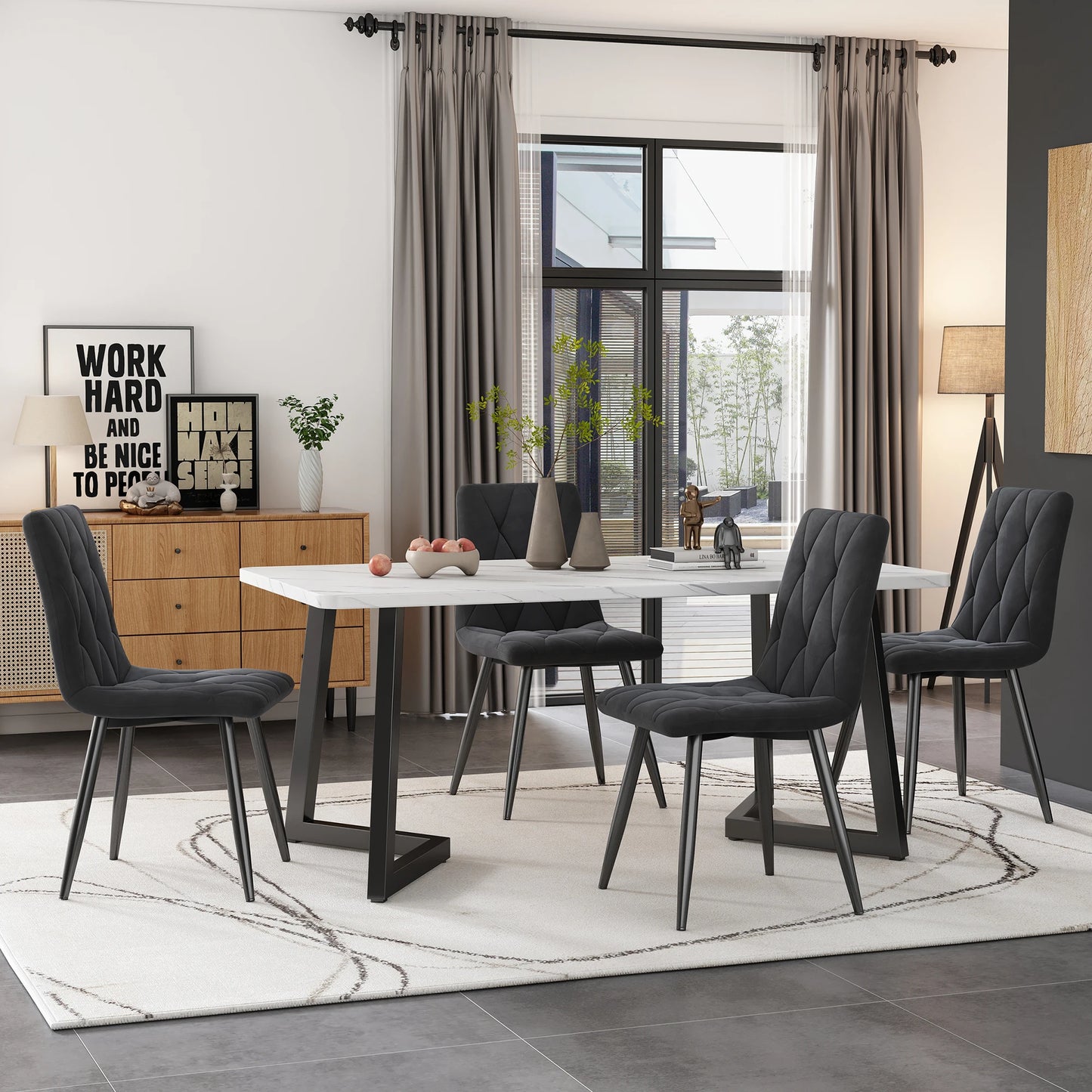 Eettafel Set – Eettafel Met Stoelen – Tafel En Stoelen – Velours Stoelen – Ruimtebesparend – Draagkracht 150 Kg - Zwart