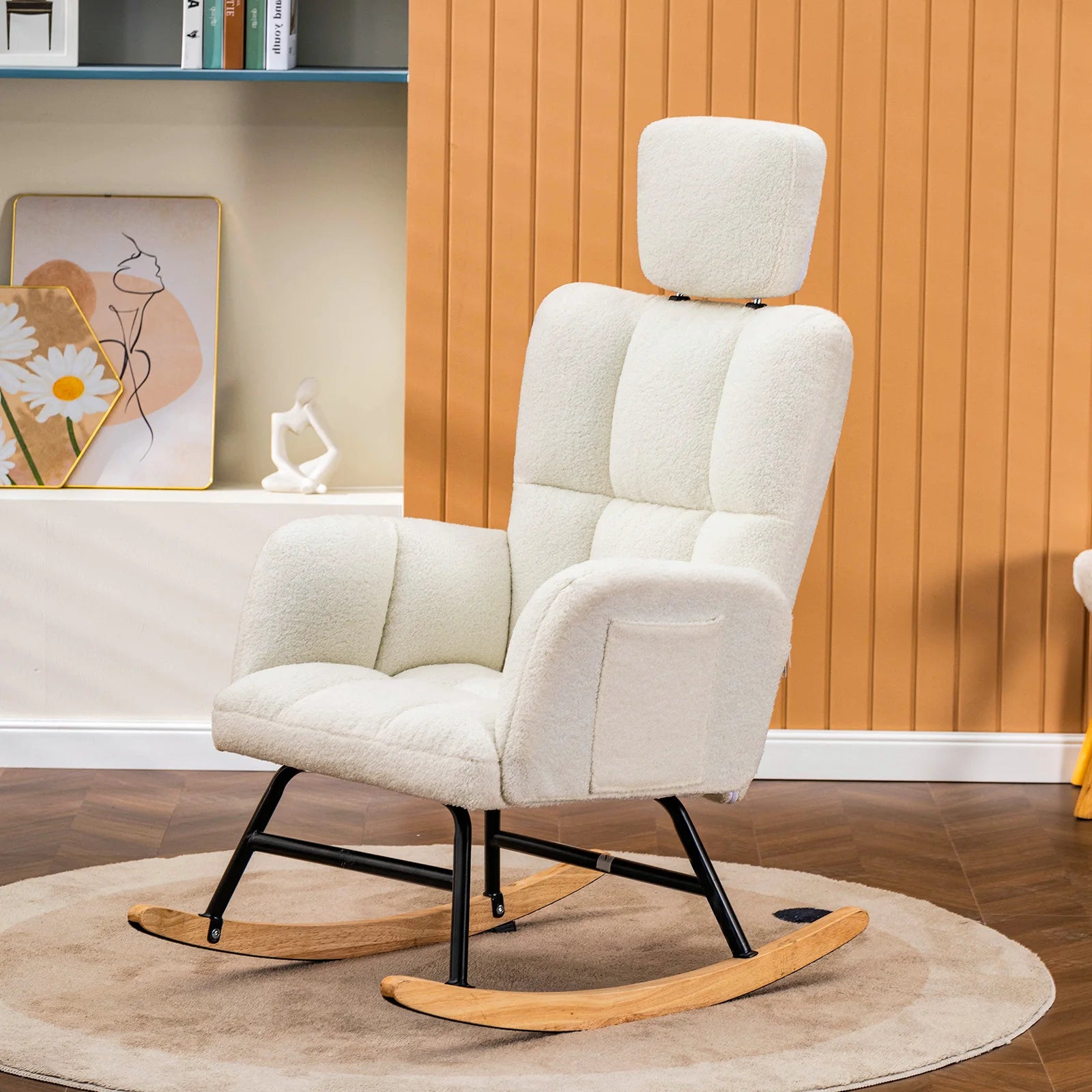 Schommelstoel – Schommelstoel Voor Binnen – Relaxstoel – Woonkamerstoel – Kinderkamerstoel – Ergonomisch Design – Metalen Frame - Beige - QUORE