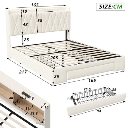 Bedletti – Bedframe – Tweepersoonsbed – Slaapbed – Opbergbed – 140x200 cm – Beige Velvet – 3 Laden – Ingebouwde USB Poorten en Stroomvoorziening