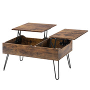 Adjustable Coffee Table with Double Lift Function – Rustic Brown – Hidden Storage – Metal V-Legs